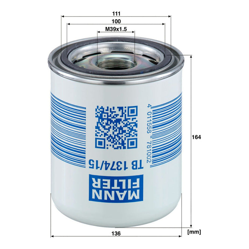 Filtro Secador Aire Para Sistemas Freno Mann Tb 1374/15 X